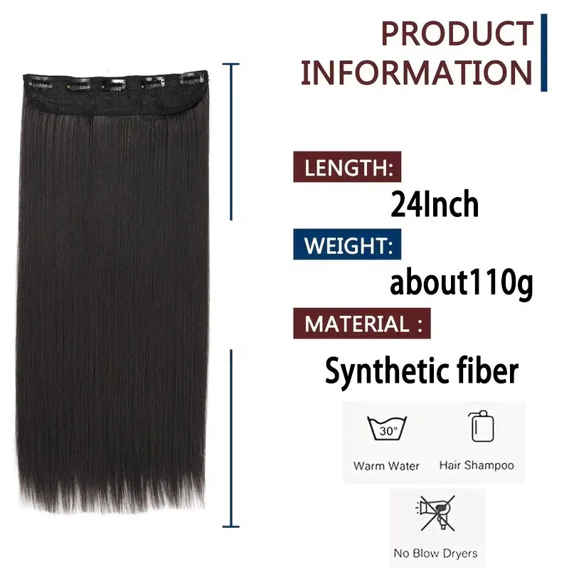 24Inch Synthetic Long Straight Hair Extension One Piece Clip On Hairpiece for Women Increase Hair Volume Daily Party Hairstyle