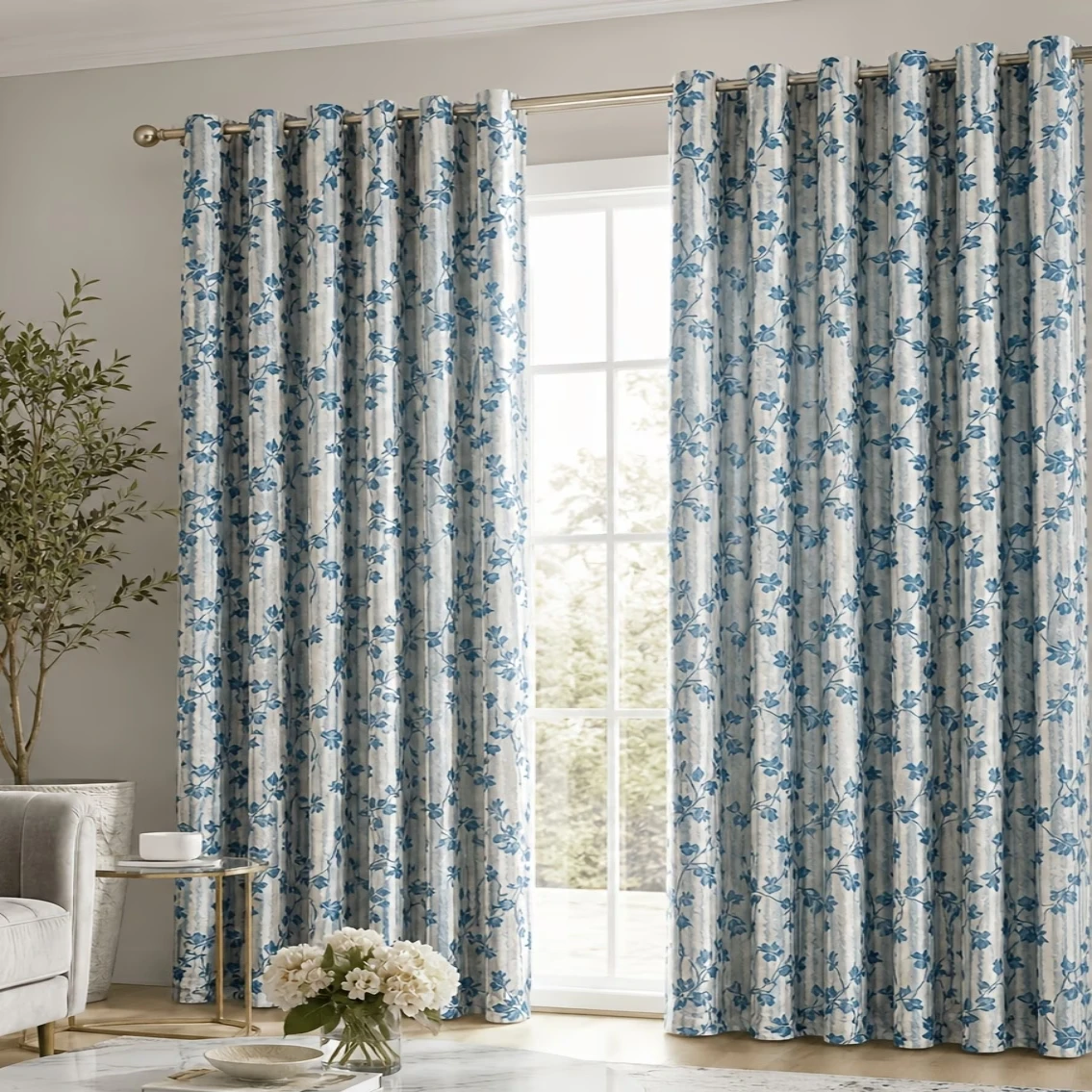 1pc Light Luxury Pale Blue Vine Print Sheer Curtain, Wrinkle Resistant for Bedroom & Living Room