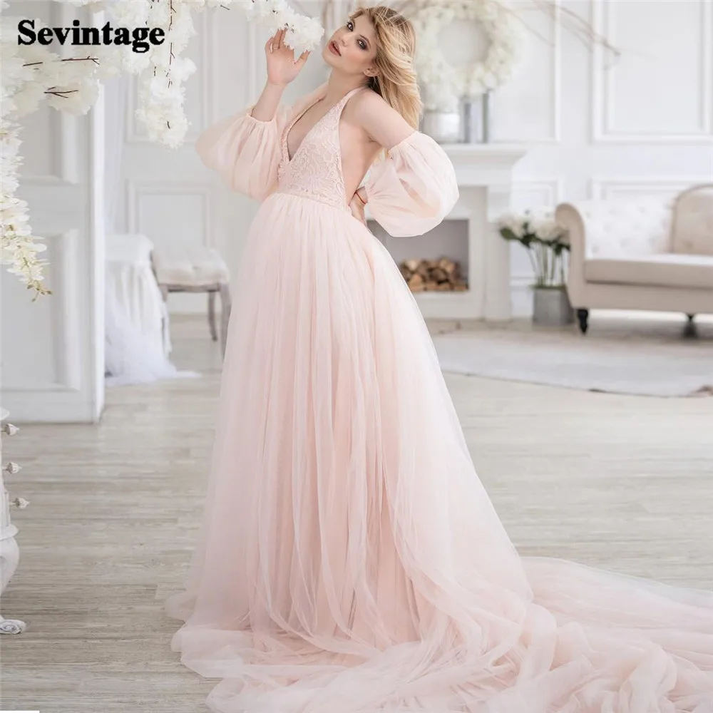 Sevintage Light Pink Maternity Prom Dresses Empire Pregnant Dress Deep V-Neck Plus Size Evening Party Gowns Tulle Abendkleider