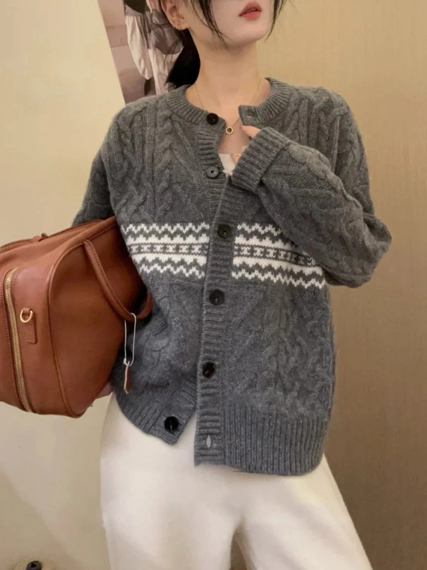 

New Women 100% Merino Wool Cardigan O-Neck Knit Thick Gray with Print Autumn Winter Single-breasted Clothing Skin Friendly Top
