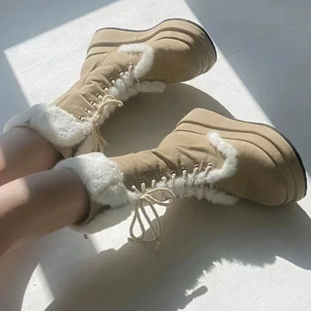 INS Hot Platform Cold Winter Snow Boots 2023 New Trendy Flock Fur Mid-Calf Boots Wedges Women Shoes Comfy Warm Boots