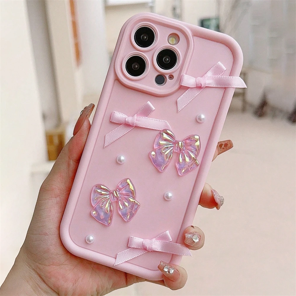 Cute Luxury 3D Pink Laser Bowknot Pearl Phone Case For iPhone 15 14 13 12 16 Pro Max 11 XR Soft Back Cover Girl Shell