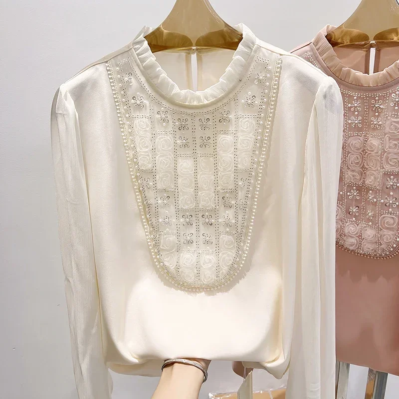 Korean Style Pure Color Stand Collar Ruffled Chiffon Shirt 2023 Autumn New Sequin Bead Lacework Pullover Puff Long Sleeve Blouse