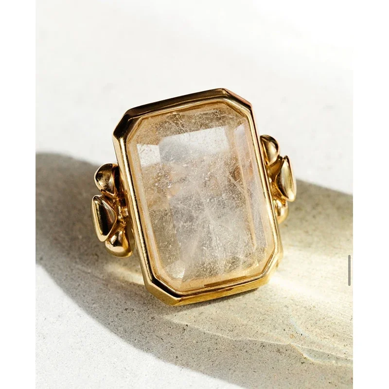

Europe America Designer Natural Crystal Large Rectangle Top Quality Ring Women Charm Jewelry Trend