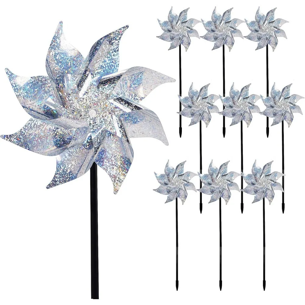 

Hausse 10 Pack Reflective Pinwheels with Stakes, Extra Sparkly Pinwheel for Garden Decor, Bird Devices Deterrent to Scare Birds