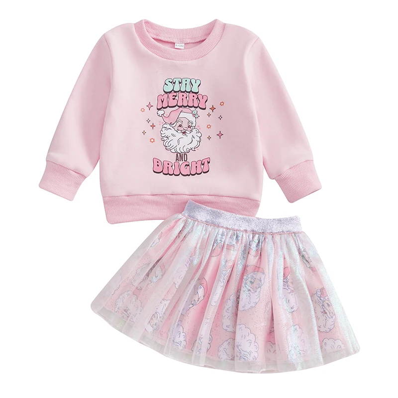 

Little Girls Christmas Set Santa Claus Print Long Sleeve Sweatshirt Puffy Gauze Skirt 2-Piece Outfits