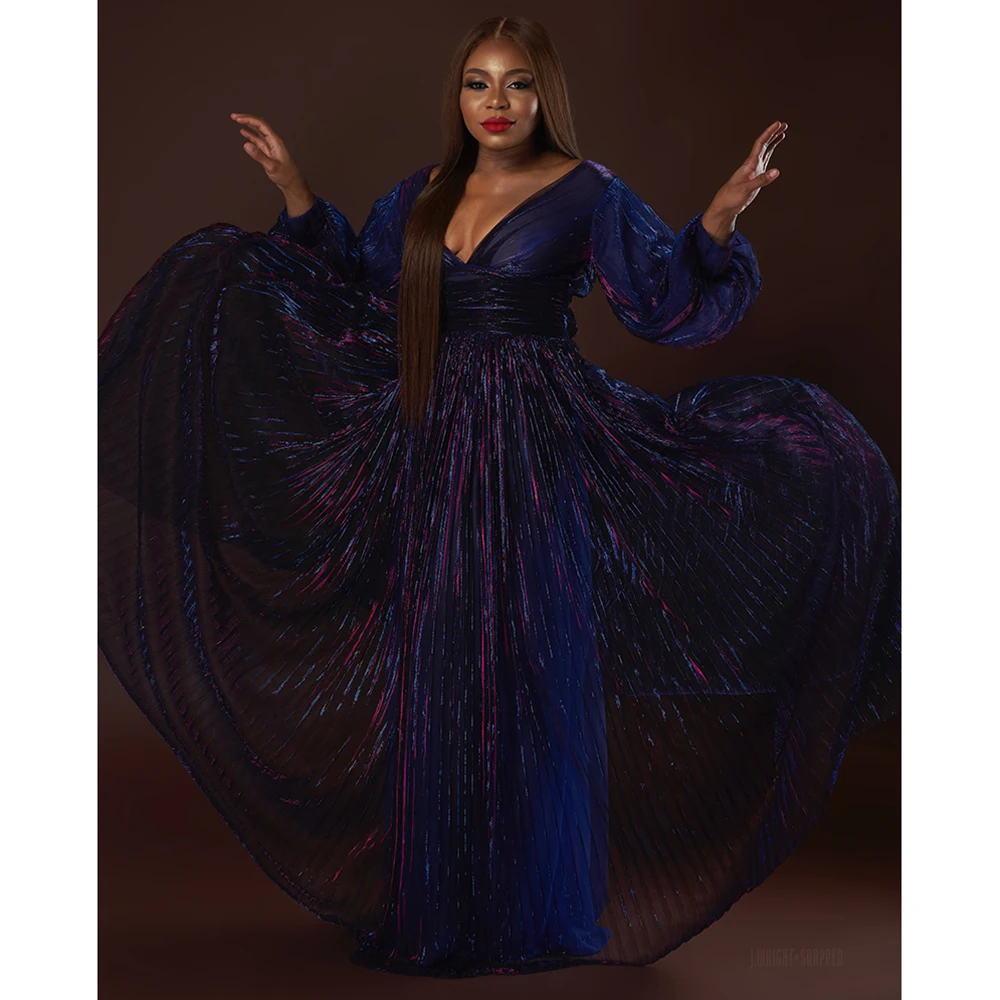 Plus Size Formal Multicolor Pleated V Neck Long Sleeves Maxi Dress