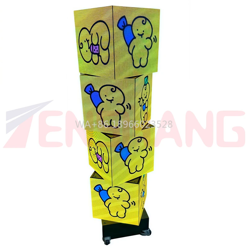 متعدد الطبقات قائم على الأرض عمودي 4 جوانب مكعب دوار LED لوحة إضاءة مربعة عرض لإعلان تقديم الطعام في المول #1