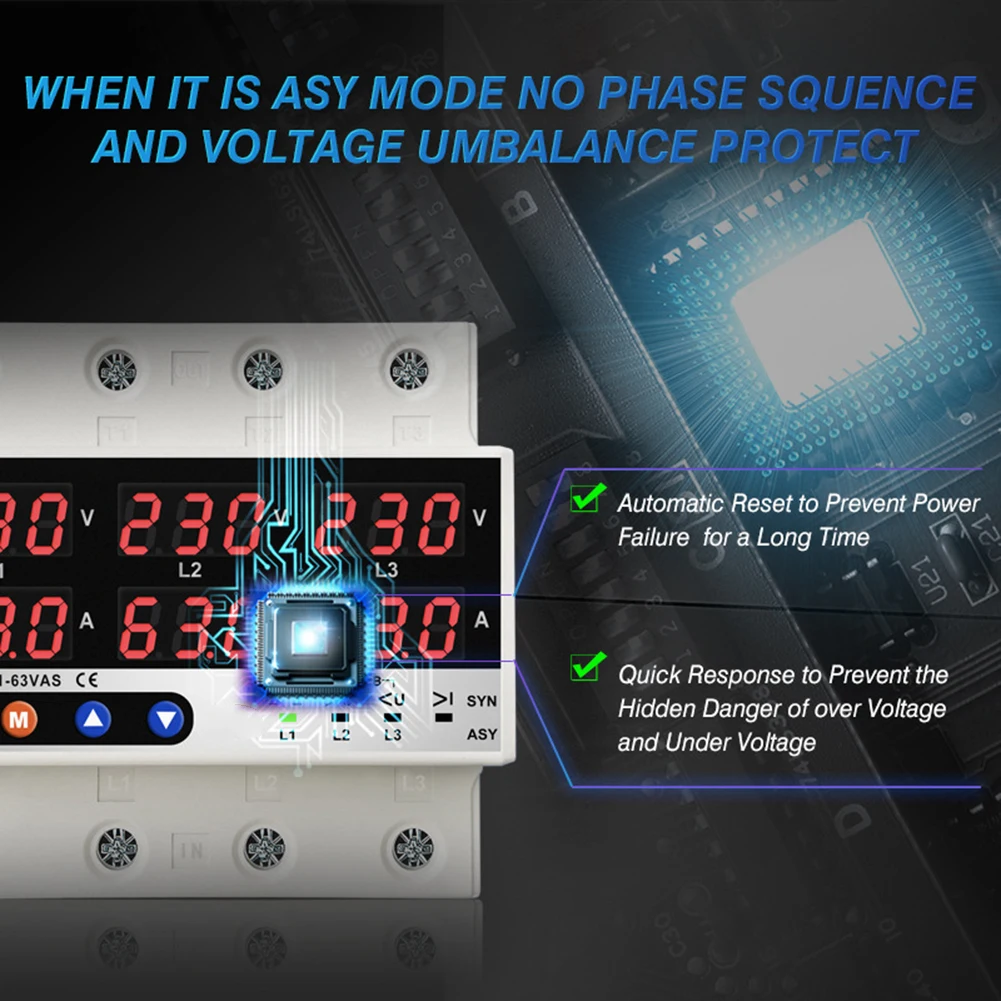 

3-Phase Power Protection Unit with Dual Mode Flexibility and Precise Monitoring for Home and Commercial Applications