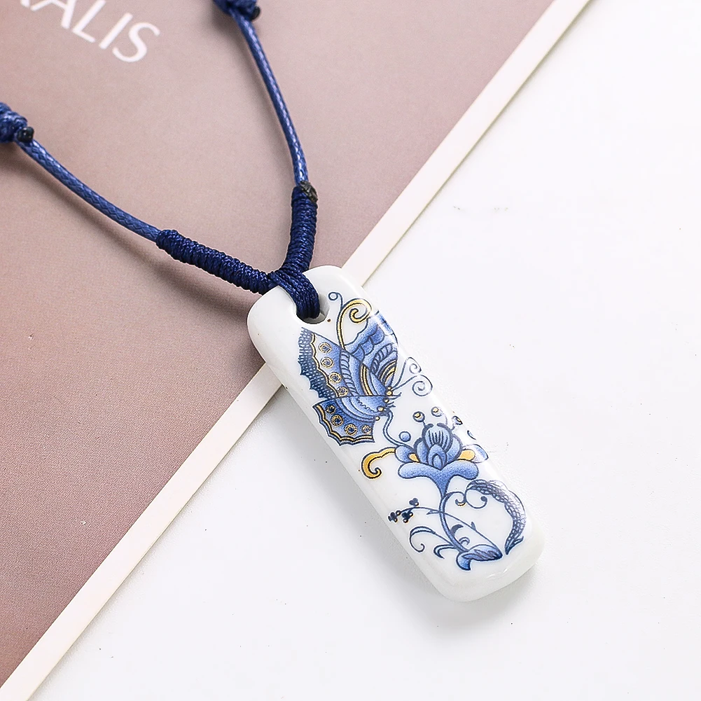 Chinese Blue and White Butterfly Love Flower Ceramic Pendant Necklace for Women Elegant  Lucky Charms Handmade Ethnic Jewelry