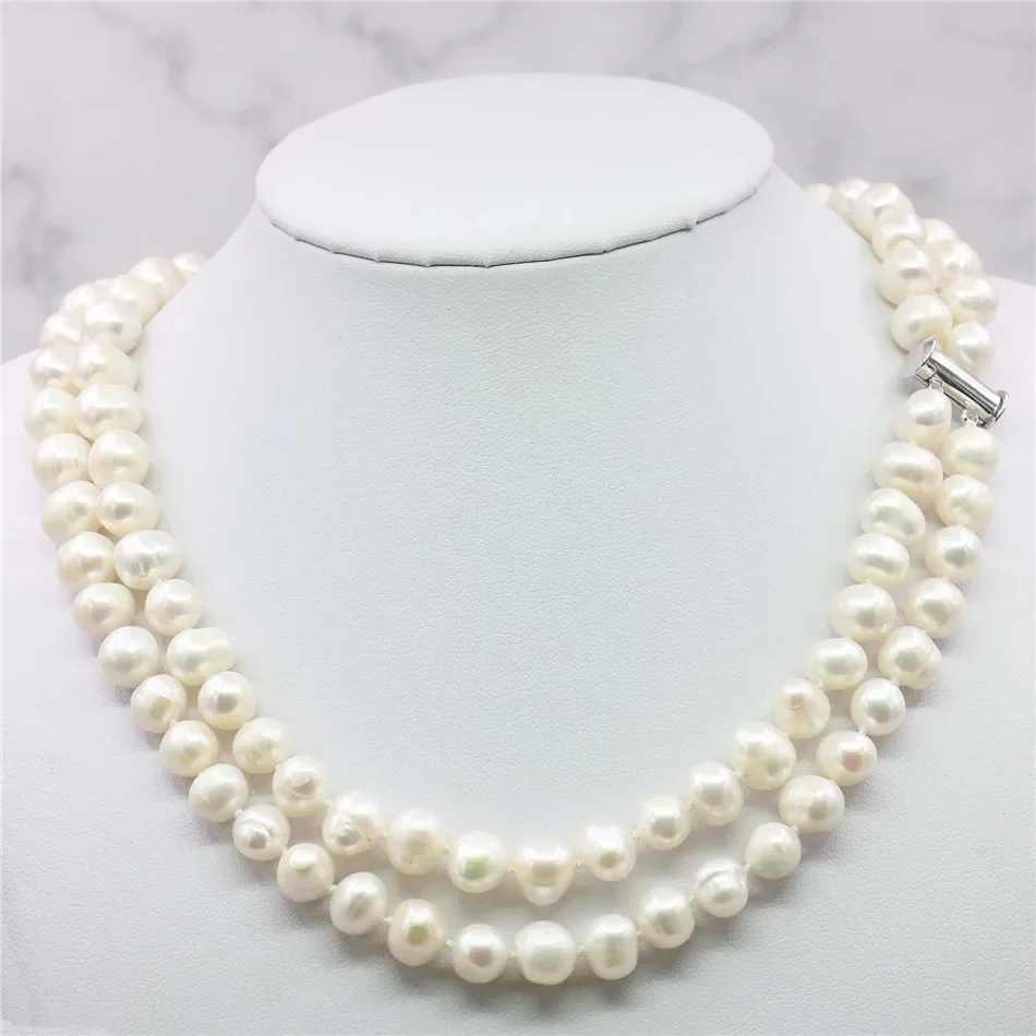 2 Rows 8-9mm White Akoya Saltwater Pearl Necklace 17-18inch Beads Hand Made Jewelry Making Natural Stone  Wholesale Price