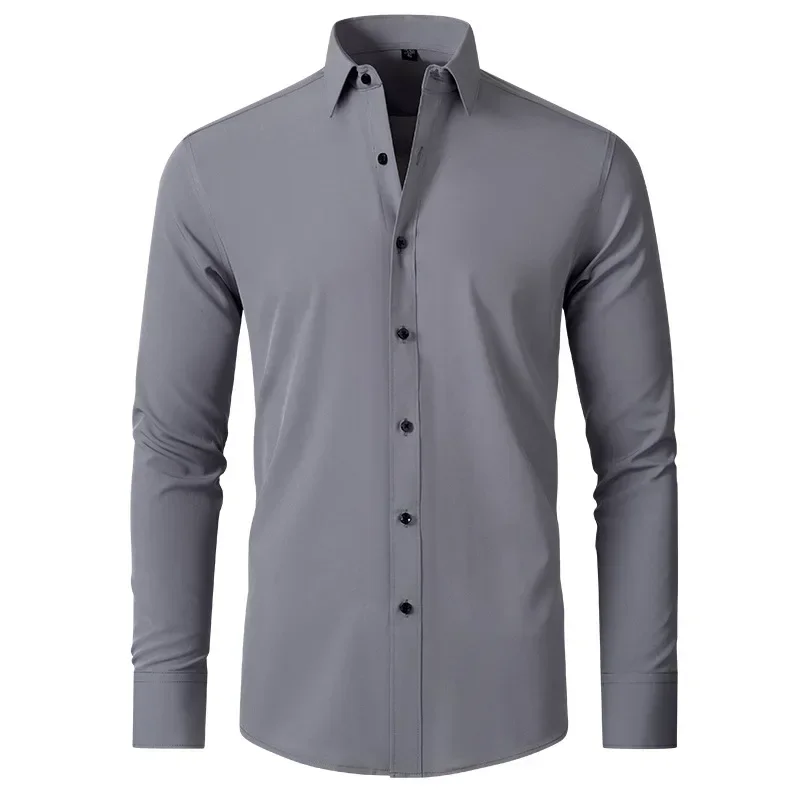 

High Quality Elasticity Seamless Spandex Shirt Men Long Sleeve Slim Fit Casual Solid Color Social Business Formal Dress 5XL 6XL