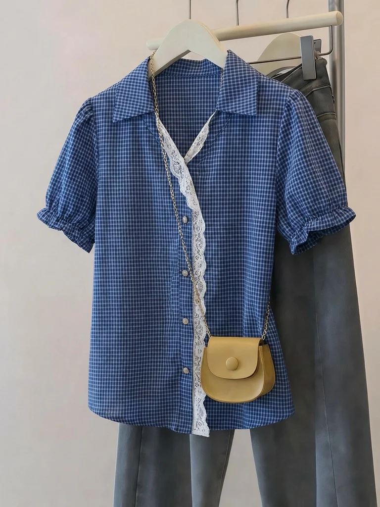 

Blue Plaid Lace Trim Shoulder Women's Shirt Summer New Large Size Fat MM Anti Aging Small Bell Sleeve Top Commute Style Korea...
