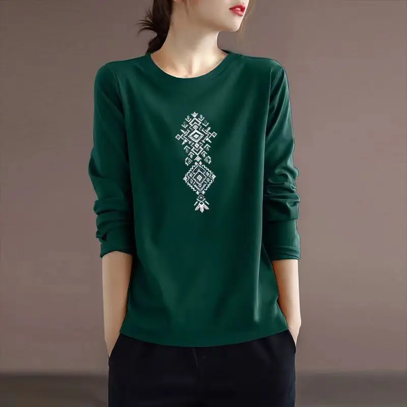 Spring Autumn New Pure Cotton T-Shirts Women High Street Round Neck Fashion Long Sleeve Pullovers Elegant Printing All-match Top