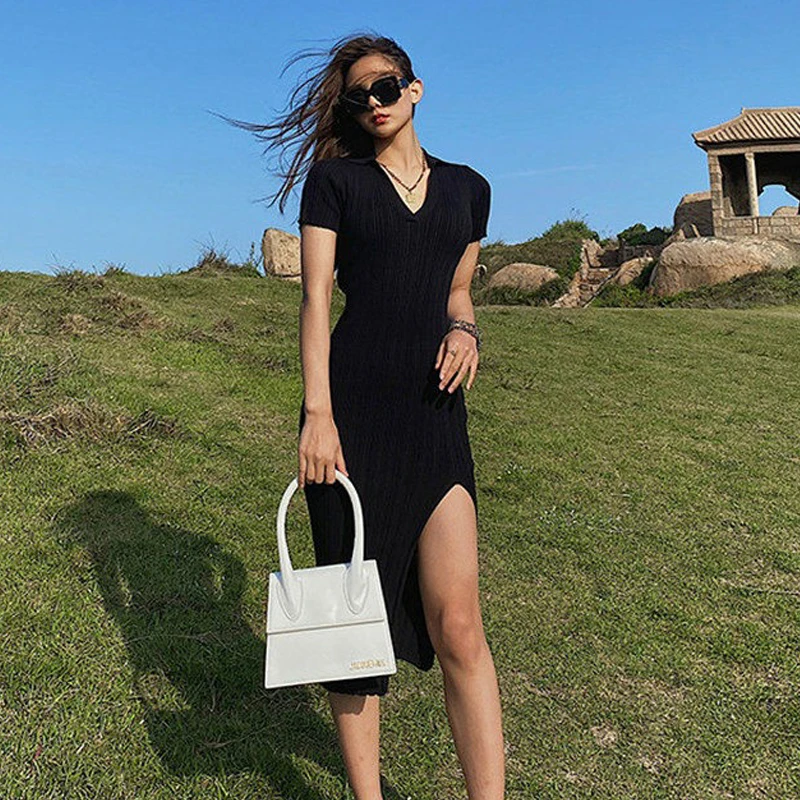 YuooMuoo Chic Mode Sexy Wrap Hüften Split Frauen Kleid Sommer drehen-unten Kragen Dünne Elastische Midi Hemd Kleid Streetwear outfits