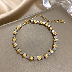 Two Tone Round Ball Bracelet Thick Chain Bracelet Stainless Steel Bangle for Women Men Cuff Waterproof Jewelry Accessories