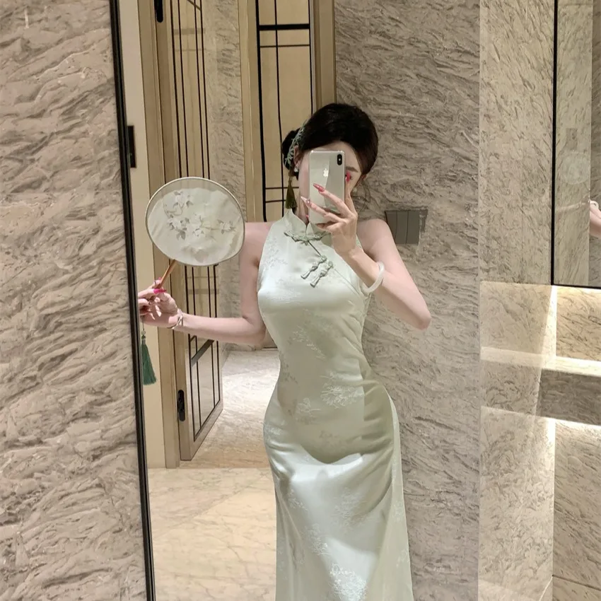 Retro Chinese Sle Tie-Dye New Mid-Length  Dr Collar Stand-Up Skirt Floral Embroidery Button Detail Summer 2025