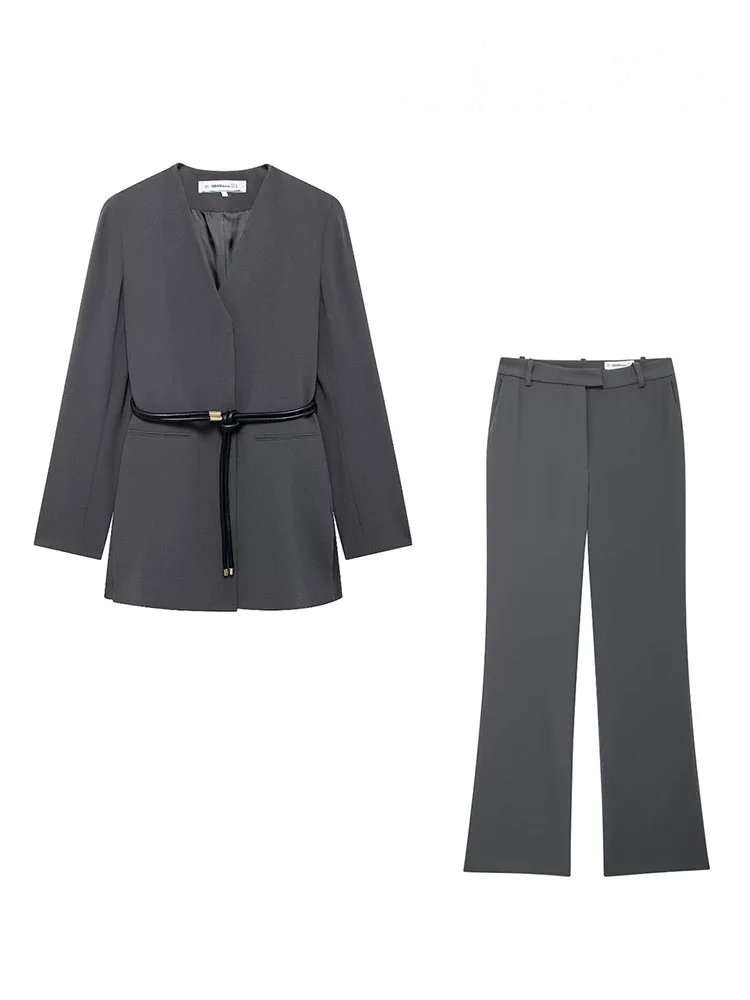 HH Women 2 Piece Set V-Neck Long Sleeves Pocket Belt Decorate Slim Blazer Coat+Fashion High Waist Loose Casual Wide Leg Pant