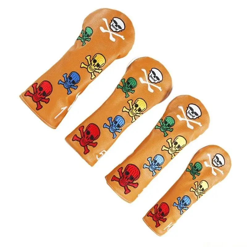 31BE 4Pcs Waterproofs Golfs Headcover PU Leather Golfs Club Head Cover Skull Pattern Fairway Head Cover Golfs Accessories