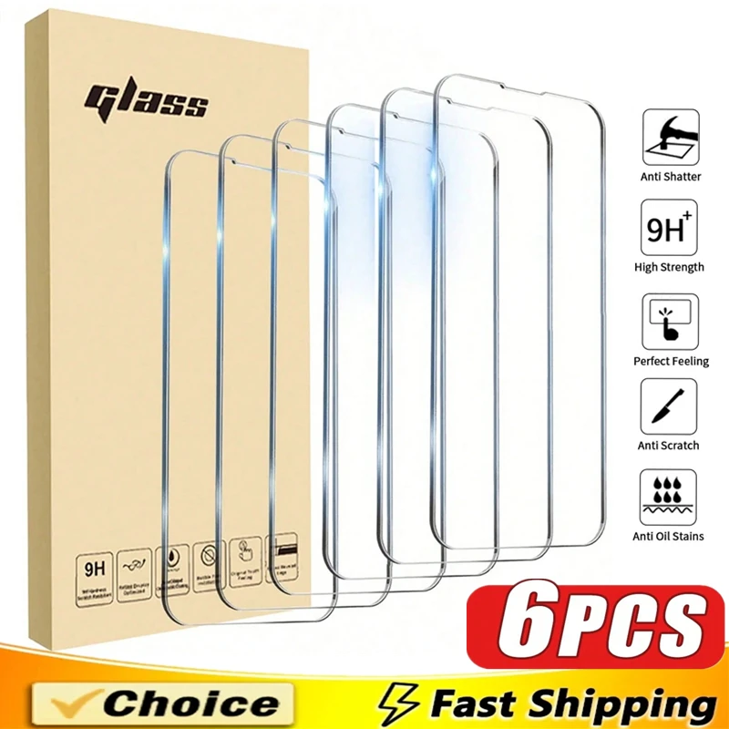 

6Pcs Tempered Glass For iPhone 17 16 15 14 11 12 13 Pro Max Mini Screen Protector For iPhone 15 16 Plus XR X XS Clear HD Glass