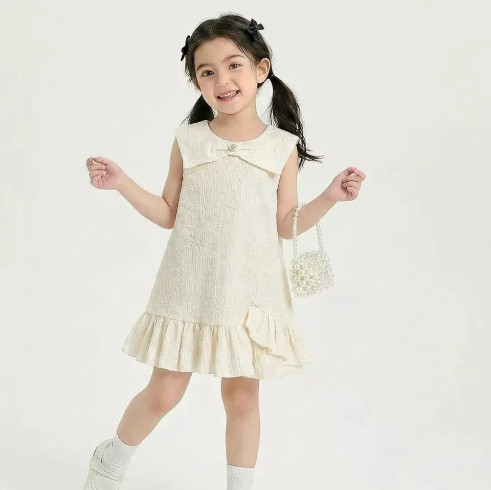 2026 Summer Girls Dress Little Girls Big Turn-down Collar Tank Top Dress Stylish Lotus Leaf Edge Sleeveless French Dress