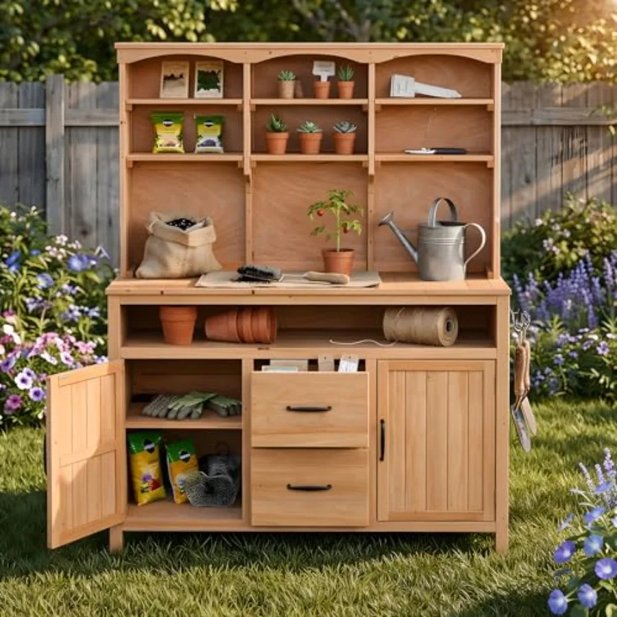 Outdoor Potting Bench with Drawers and Hooks, 45.3''L Fir Wood Patio Storage Workstation with Hutch, Outdoor Kitchen Island wit