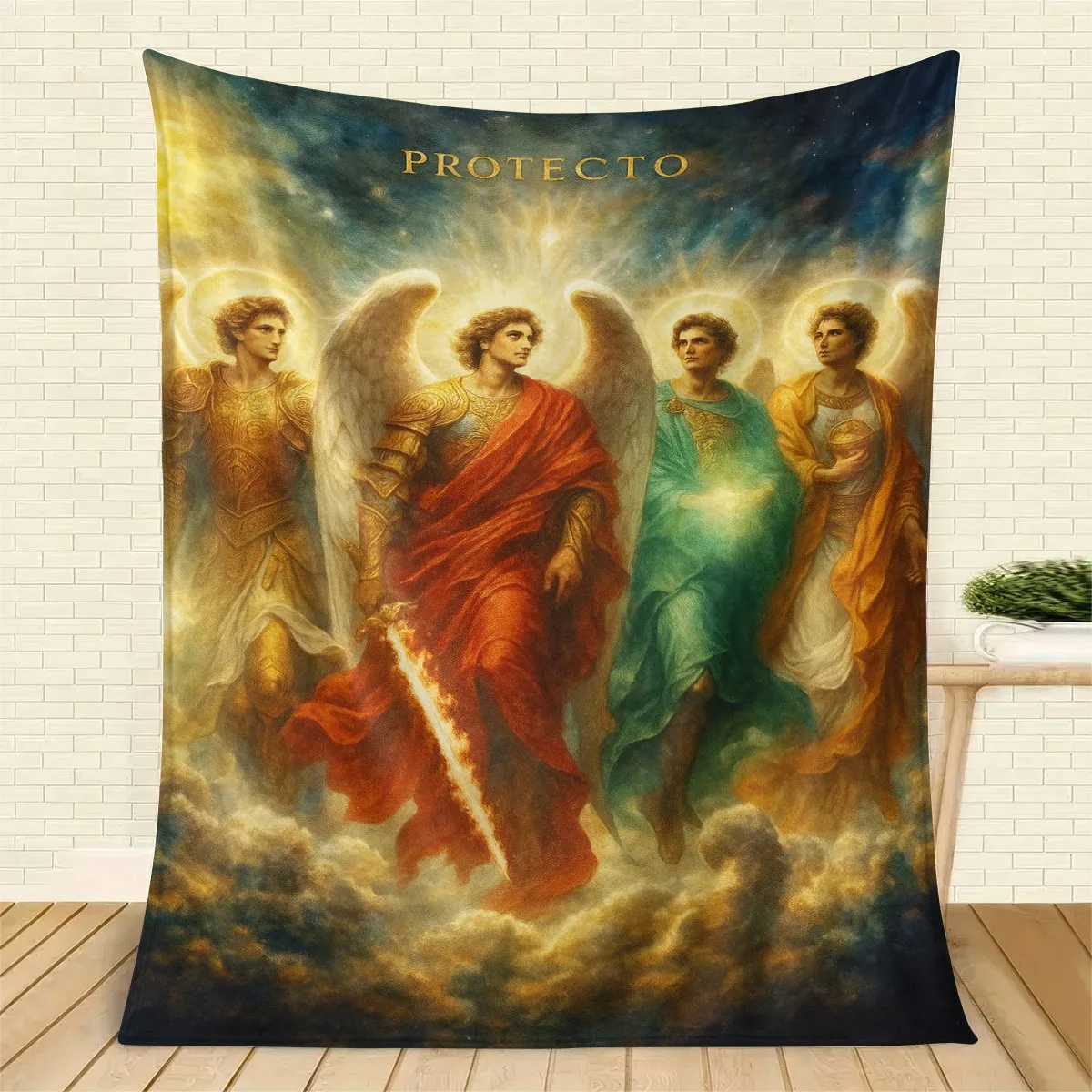 Four Archangels Flannel Blanket – Michael, Gabriel, Raphael & Uriel, Golden Religious Design – Soft Throw for Bed, Sofa & Home