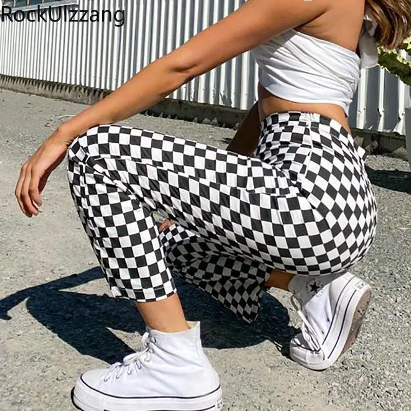 Checker Plaid Flare Pant Bootcut Bell Bottom Elastic Waist Skinny Elegant Summer Women y2k workout good stretch Cloth plus size