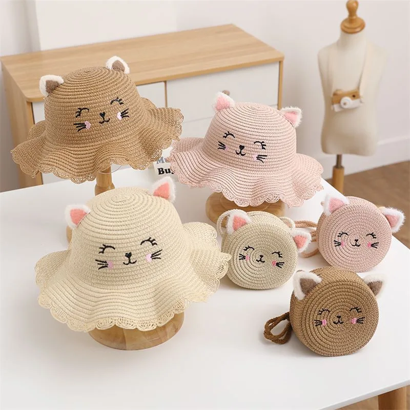 Cute Cat Summer Baby Hat Girl Handbag Straw Cap Set Kids Infant Princess Party Holiday Beach Sun Hats Panama Gorros