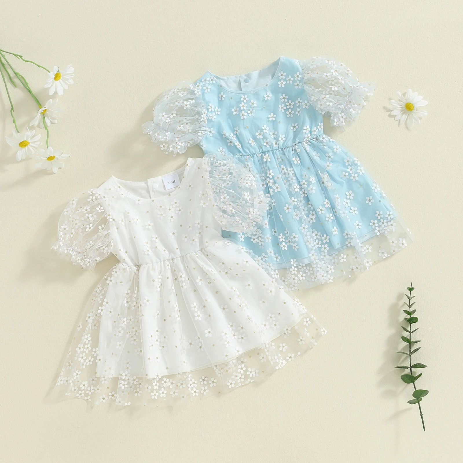 Sweety Baby Girls Floral Mesh Lace Dress Short Sleeve Crew Neck Tulle Princess A-line Dress Sundress