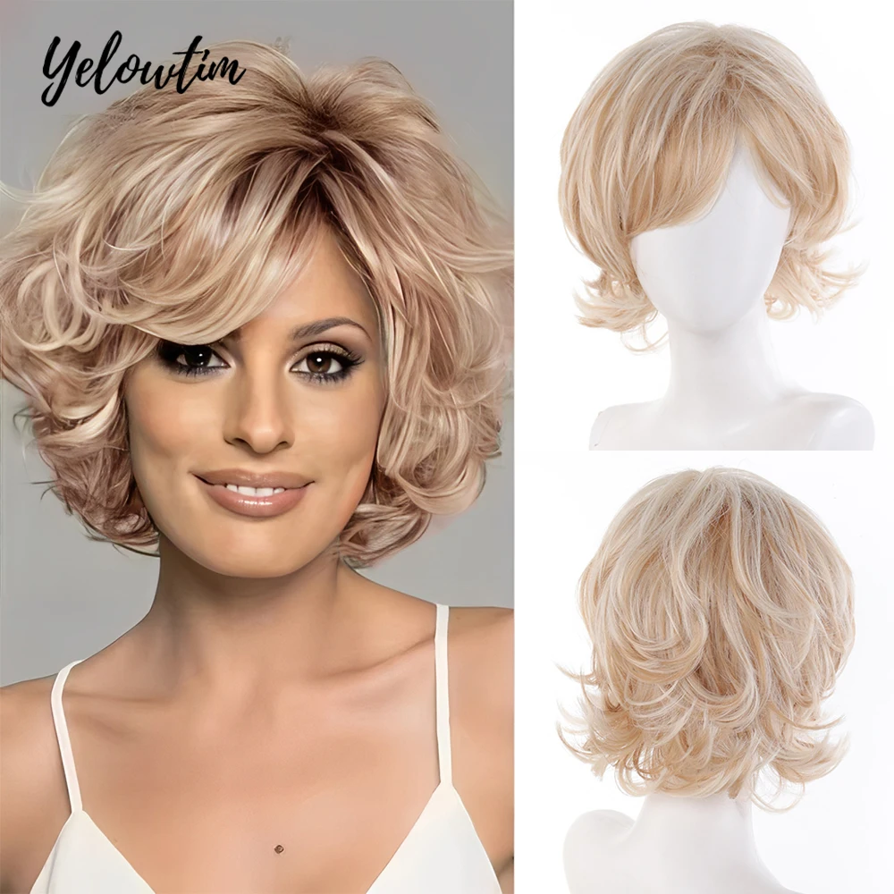 

YELOWTIM Light Gold Synthetic Wigs Short Curly Hair Fluffy Natural Wig for Women Middle Part Wigs Cosplay Party Heat Resistant