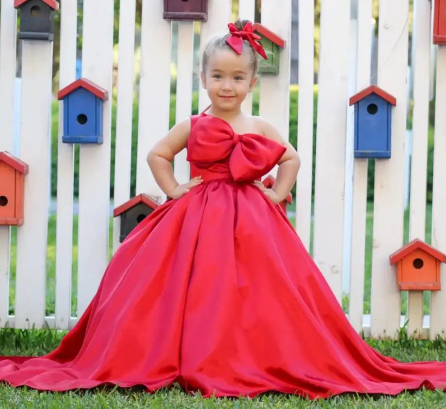 Robes de demoiselle d'honneur en satin rouge pour mariages, robe de petite princesse pour enfants, robe de fête d'anniversaire mignonne avec grand nœud, première communion