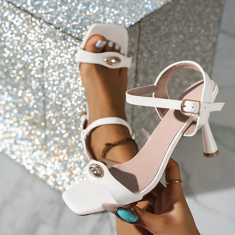 

Summer New Square Toe Stiletto Heel Sandals for Women, Metal Buckle One Strap Open Toe High Heels, Elegant Socialite Style All-M