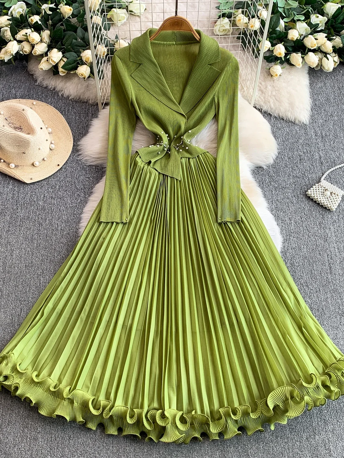 

Женский костюм Ele с воротником-платьем и тяжелой вышивкой на талии, плиссированная длинная юбка, платье трапециевидной формы с высокой талией для женщин