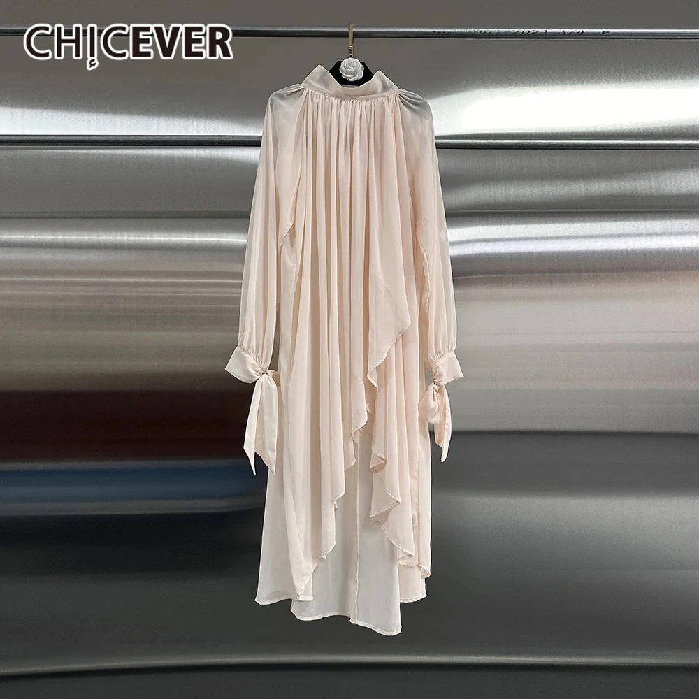 

CHICEVER Лоскутная прозрачная сетчатая однотонная блузка для женщин с воротником-стойкой и длинными рукавами, темпераментные асимметричные свободные рубашки миди женские