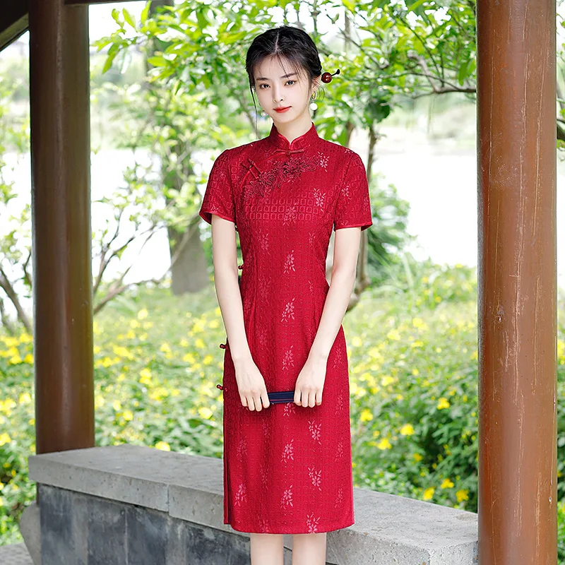 2022 Summer New Red Lace Cheongsam Mid-length Temperament Daily Qipao Young Girl Chinese Traditional Clothing Dress for Women