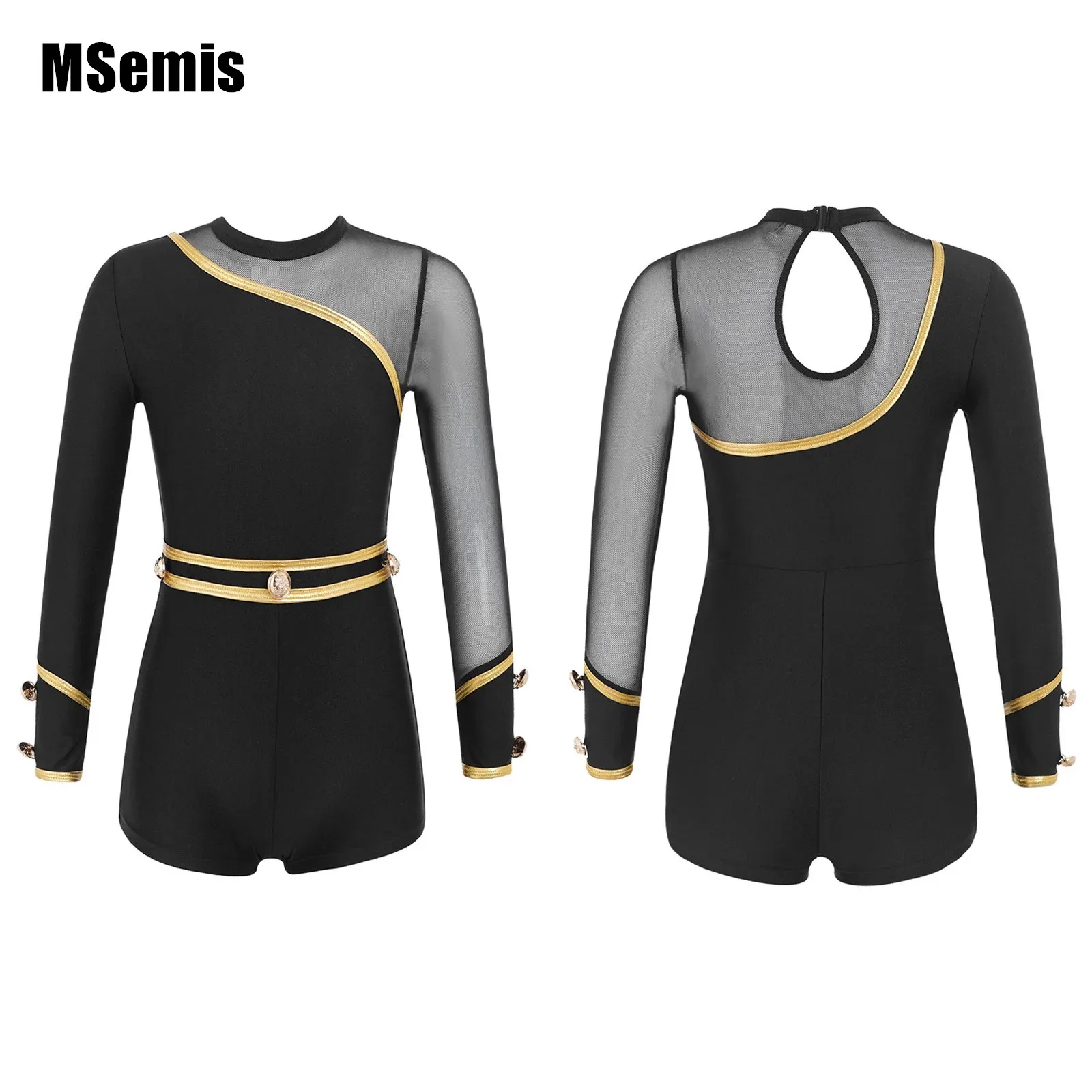 Kids Girls Gymnastic Leotard Figure Ice Skating Long Sleeve Round Neck Mesh Hollow Back Dance Bodysuit Stage Performance Costume