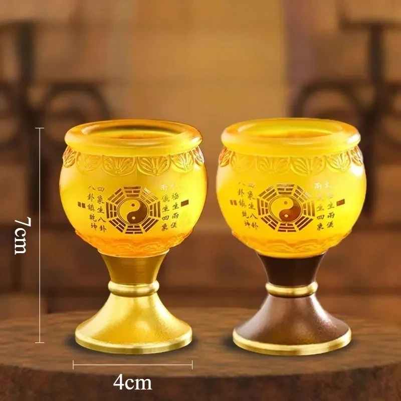 Lotus Amber Resin Altar Offering Cup Golden Pedestal Holy Water Goblet Chinese Worship Cup for Immortal Ancestor Shrine Decor
