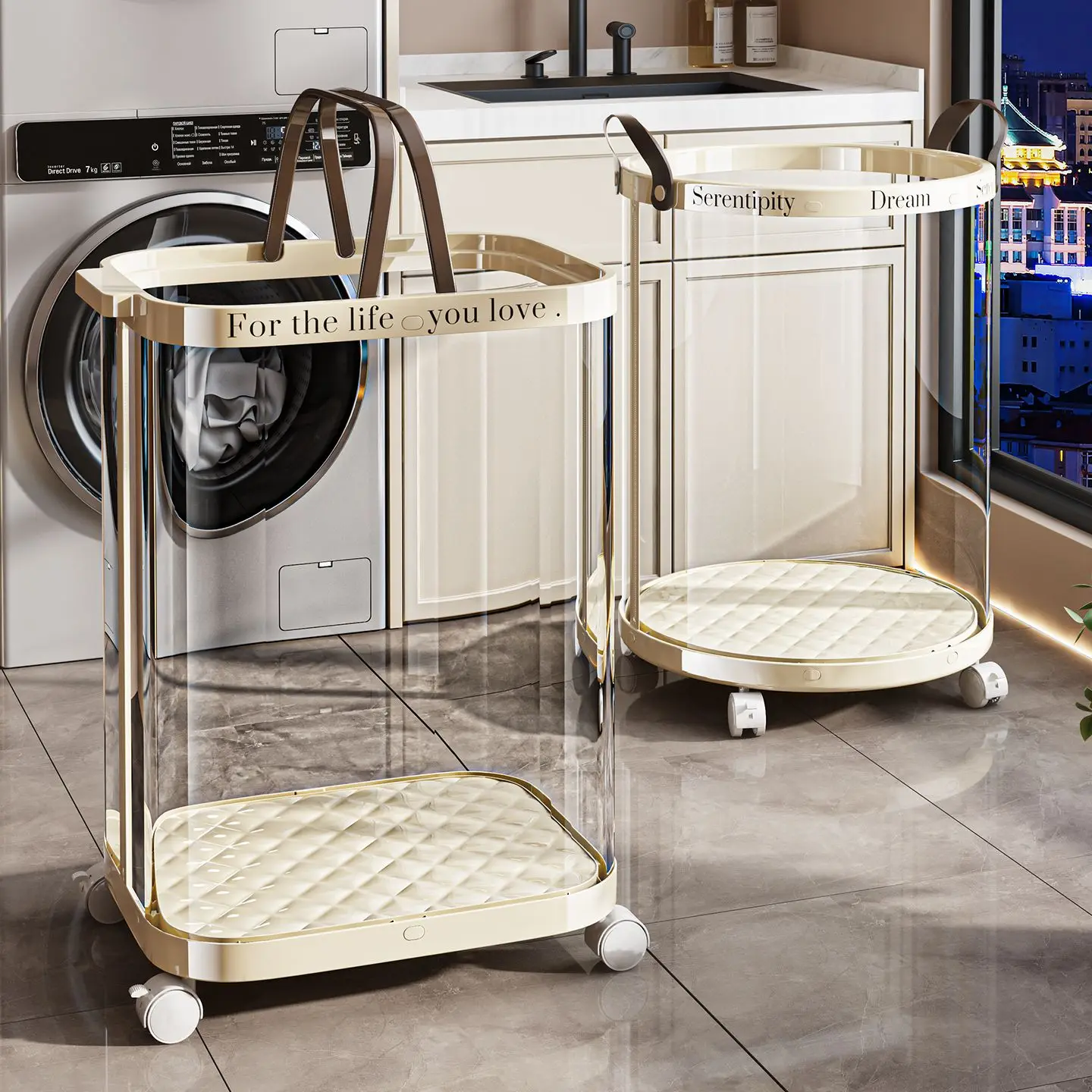 Transparent Laundry Basket With Wheels Cream White Rolling Laundry Hamper Portable Handle Dirty Clothes Storage Bin For Bathroom