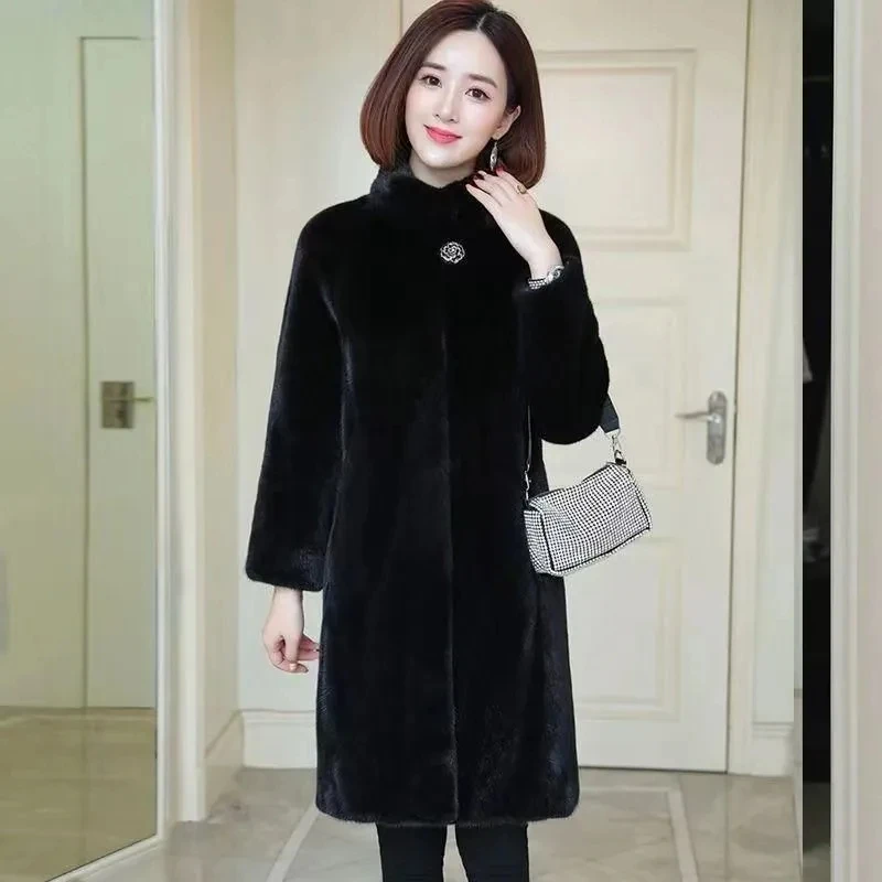 Winter Women Warm Thicken Mink Fur Coat Female Long Standing Collar Fur Coat Plus Size Women Coat Korean Sheep Shearling Outwear