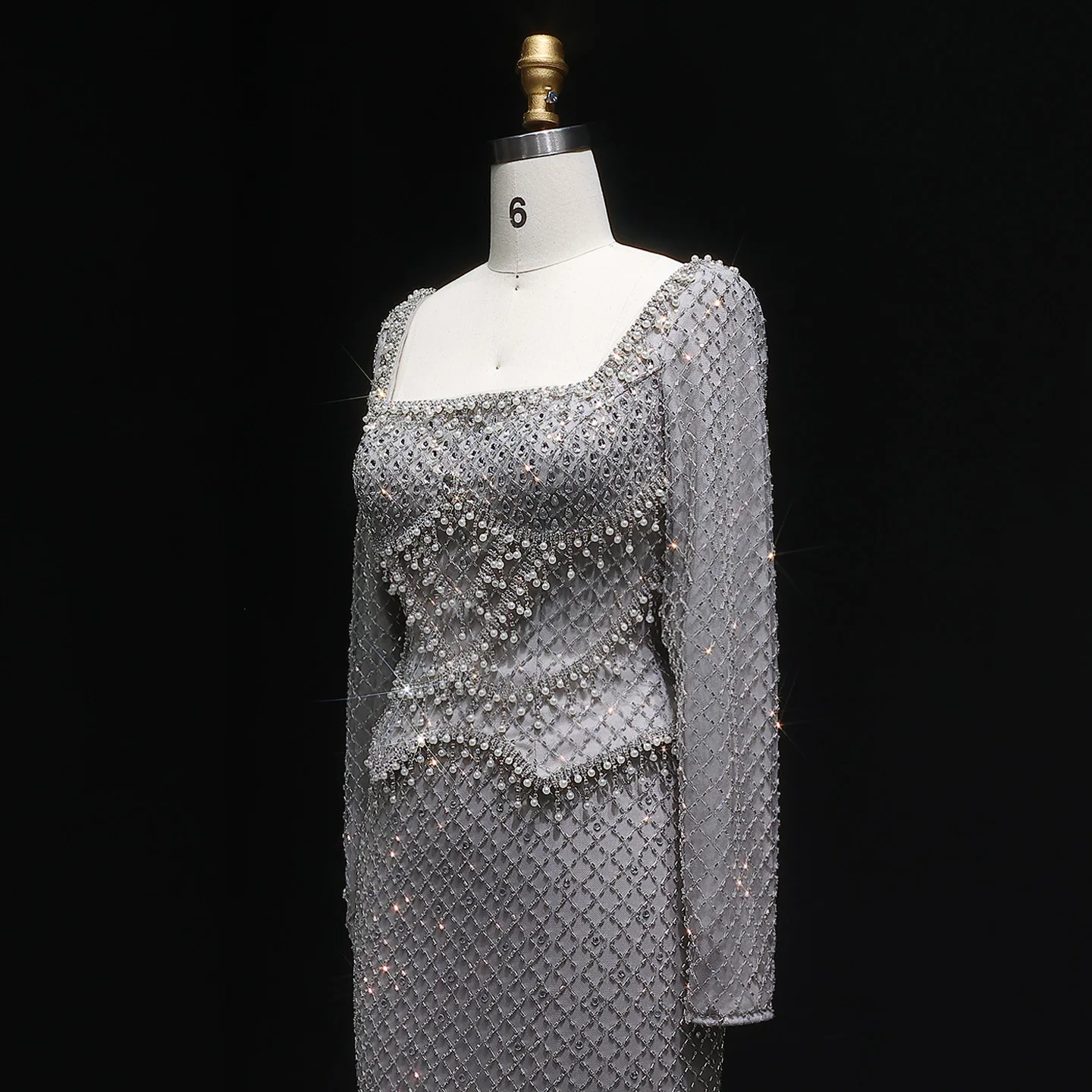 Sharon Said Luxury Dubai Gray Crystal Evening Dress with Long Sleeves Arabic Women Wedding Formal Party Gowns SS633 Customized image 5