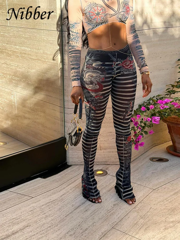 Nibber Mesh Aesthetic Print Two Piece Set Women See Through Half High Collar Crop Tops+Slim Skinny Pants Female Streetwear Suit