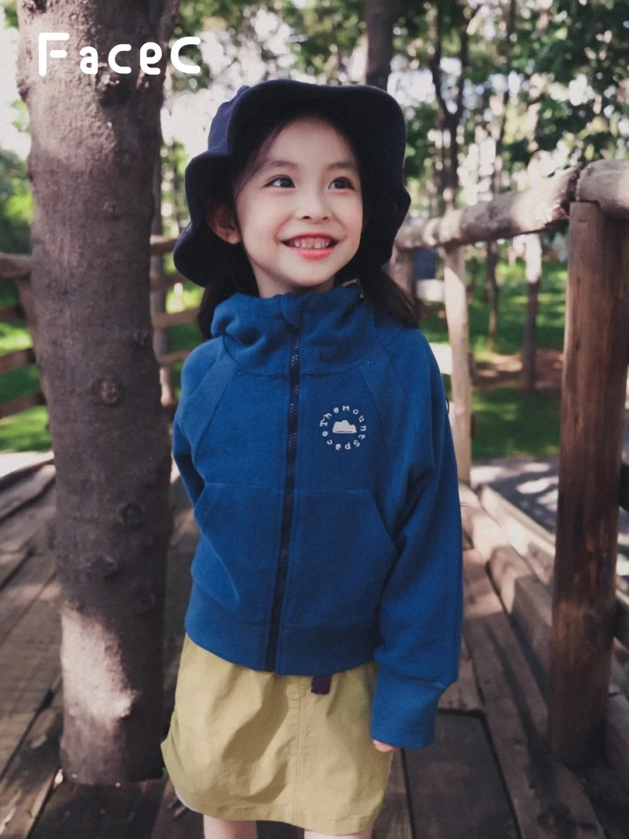 Outdoor Hoodie Jacket for Girls Spring Autumn Zipper Cardigan Camping Style Cotton Polyester Blend Standard Fit Child's Coat