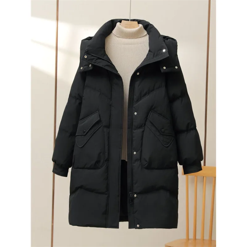 2025 New Winter Coat Women Down Padded Jacket Parkas Thick Detachable Cap Hooded Cotton Coats Black Casual Snow Outerwear Female