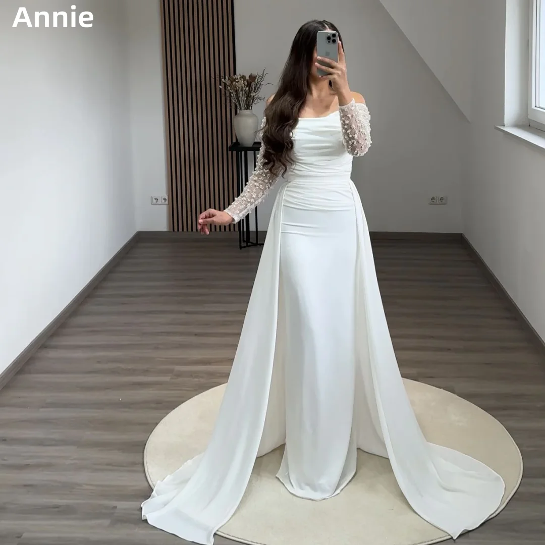 Annie White Wedding Dress Glitter Beads Arab Ladies Prom Dresses Mermaid Long Sleeves Elegant Lady فساتين سهرة Customized 2025