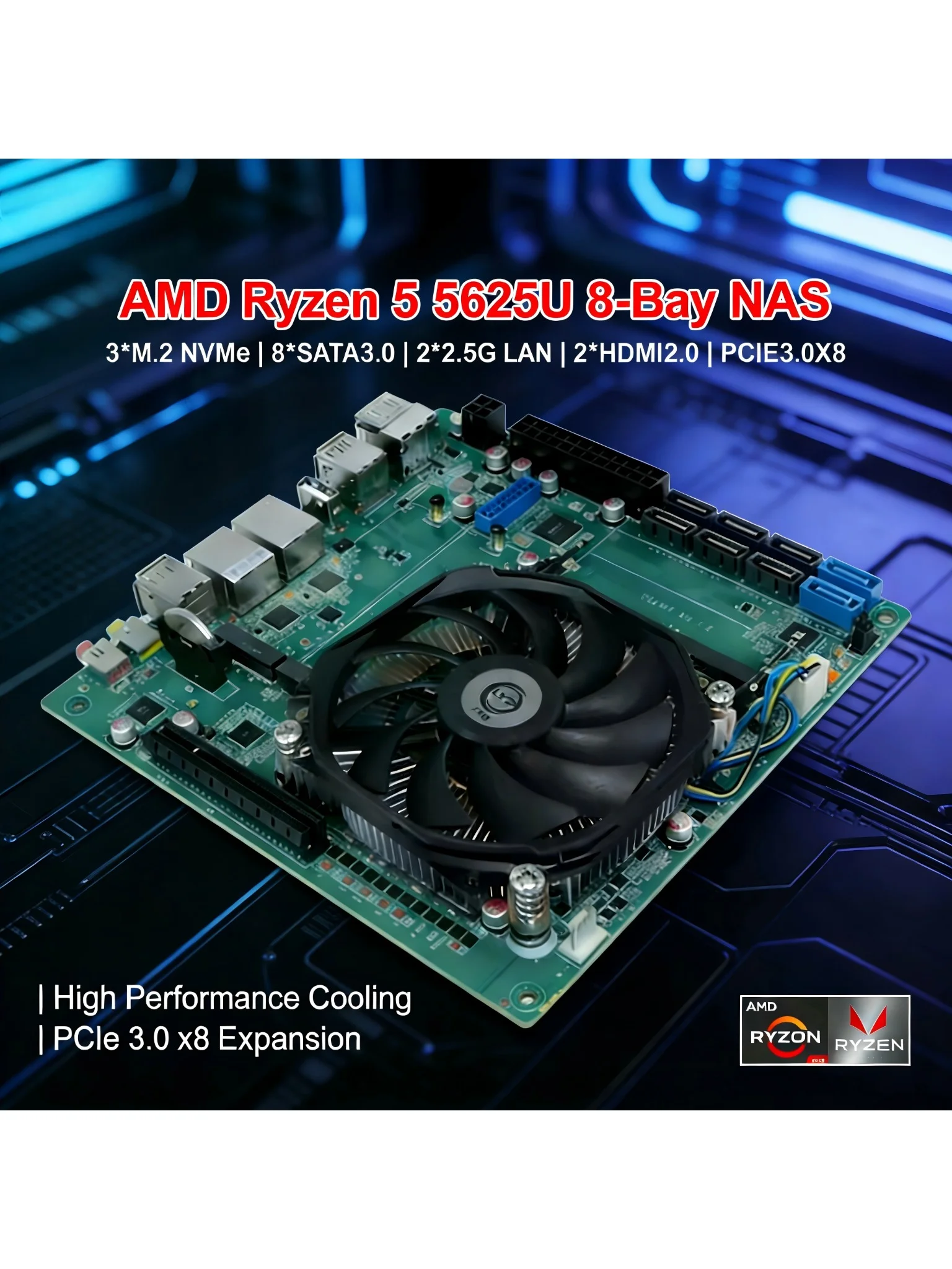 8-bay ITX NAS moederbord Ryzen 7 5825U/Ryzen 5 5625U 3NVMe 8SATA3.0 Dual 2.5G LAN Dual Channel DDR4 Firewall Server moederbord - afbeelding 2