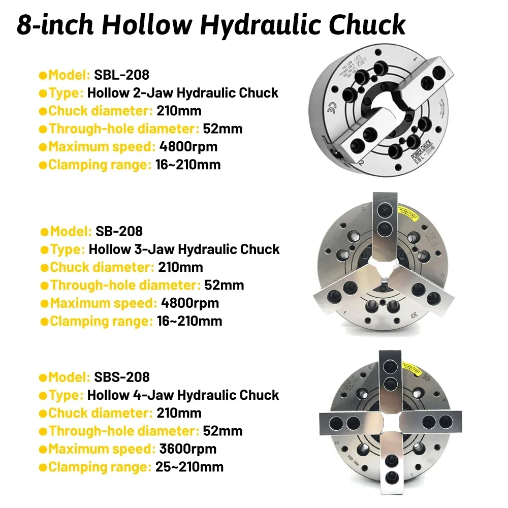 Hydraulisches Spannfutter, 8 Zoll, 210 mm, Hochgeschwindigkeits-Öl-Power-Spannfutter, hohles/durchgangsloch, 2/3/4 Backenfutter für Hochgeschwindigkeits-CNC-Drehfutter