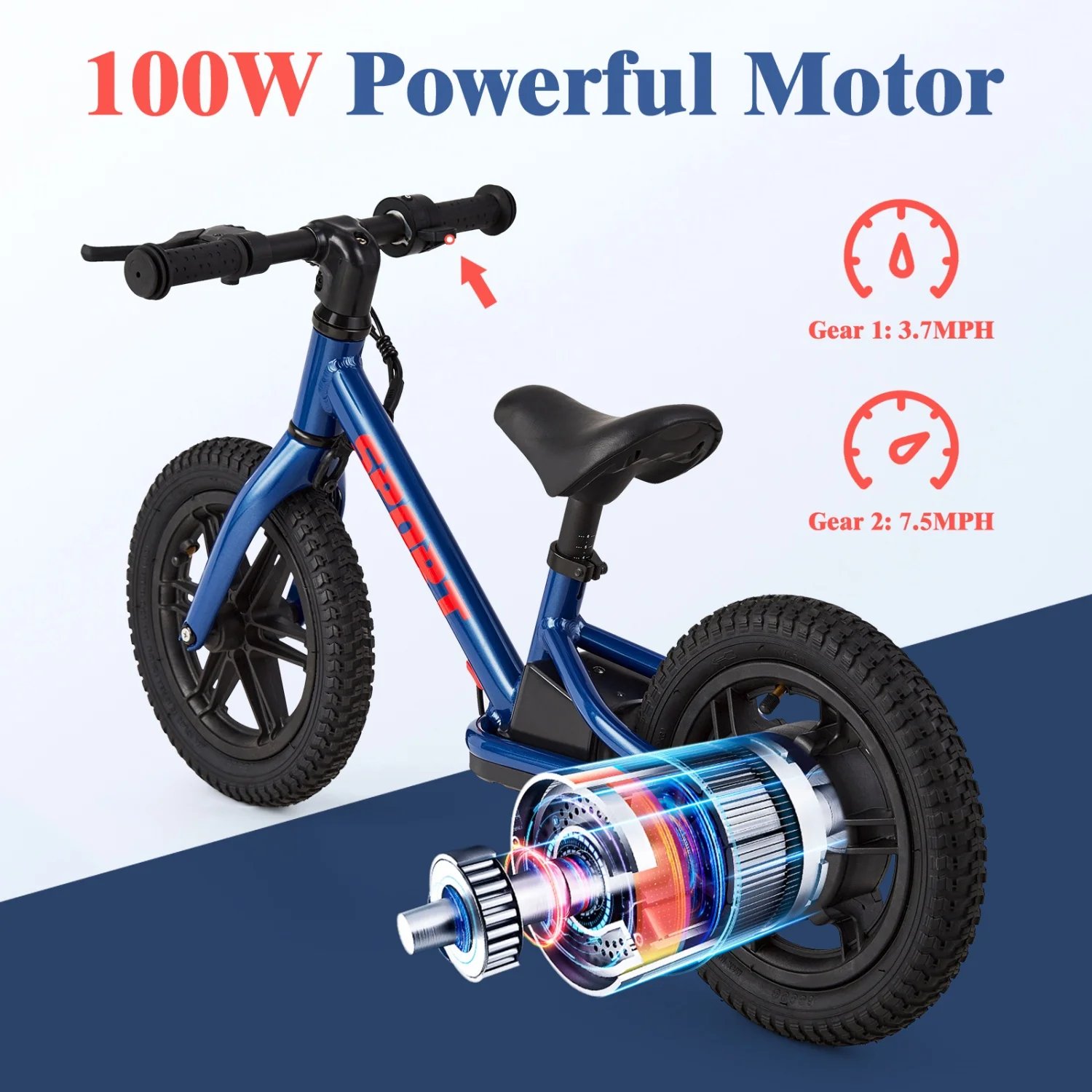 Rower elektryczny dla dzieci, rower elektryczny typu balance bike o mocy 100W z oponami bezdętkowymi i regulowanym siedziskiem, motocykl elektryczny łatwy w montażu