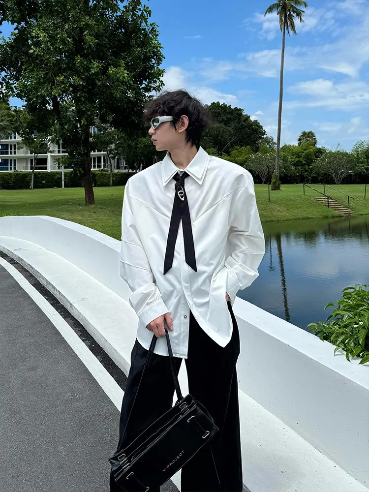 MARTHENAUT Original Design Double Layer Pleated Collar Shirt with Self Tied Bow Tie Early Autumn Casual Style Polyester Fiber