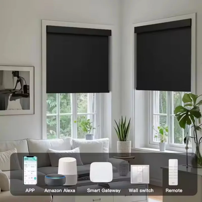 

2025Настраиваемые жалюзи, 100% черная ткань, приложение Homekit MotorConnect Google Home Phone Control, моторизованные рулонные шторы для окон